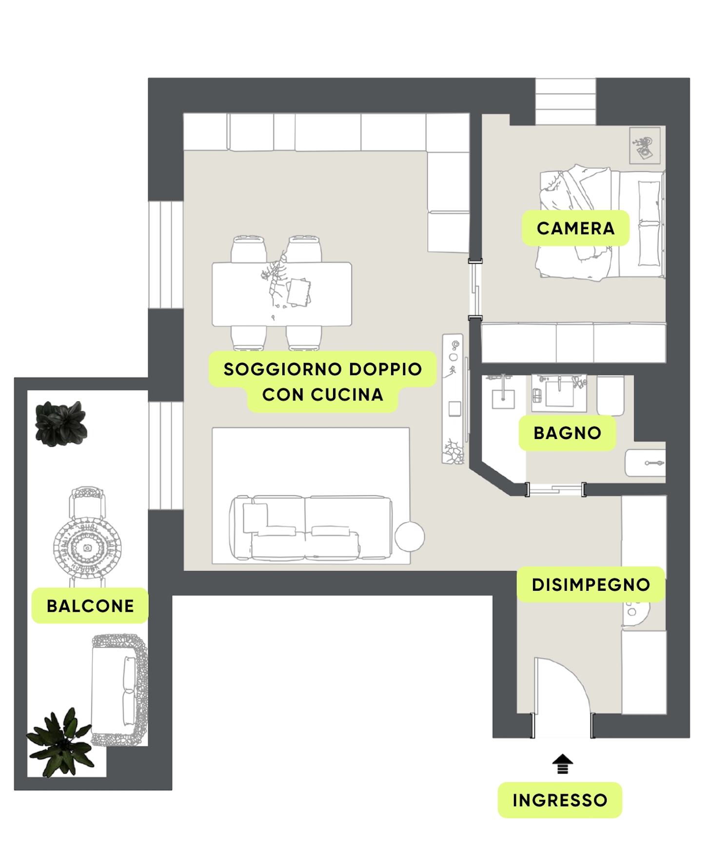 Planimetria DUE LOCALI CON BALCONE – ARREDATO